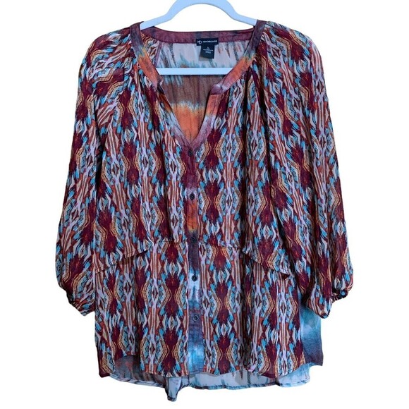 New Directions Womens Size Large Multicolor Tiered Boho Artsy Print Blouse - Picture 1 of 5